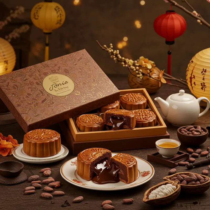 Hộp bánh trung thu lava chocolate với nhiều chiếc bánh nhân chocolate tan chảy, bày biện tinh tế cùng trà và đèn lồng Trung Thu.