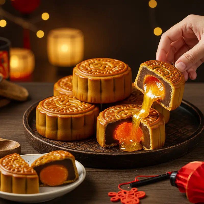 Hình ảnh bánh Trung Thu lava trên khay, một chiếc cắt đôi với nhân vàng tan chảy, ánh sáng dịu và trang trí mùa lễ hội.