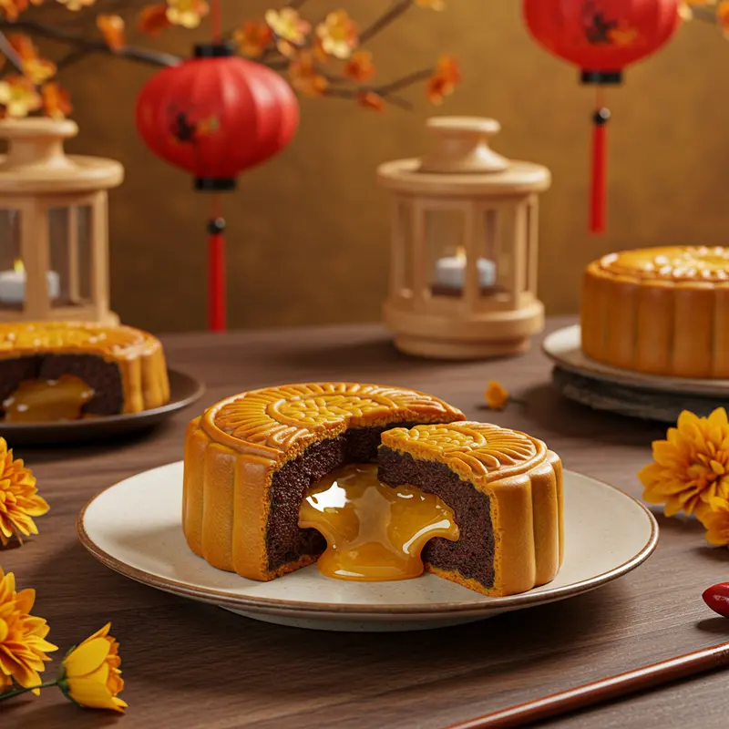 Bánh trung thu lava cắt đôi với nhân chảy đặt trên đĩa gốm, ánh sáng tự nhiên, cạnh đèn lồng và hoa.