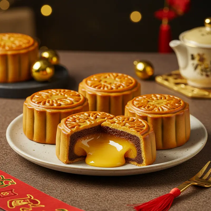 Bánh trung thu lava custard với nhân kem trứng chảy vàng óng trên đĩa gốm sang trọng.