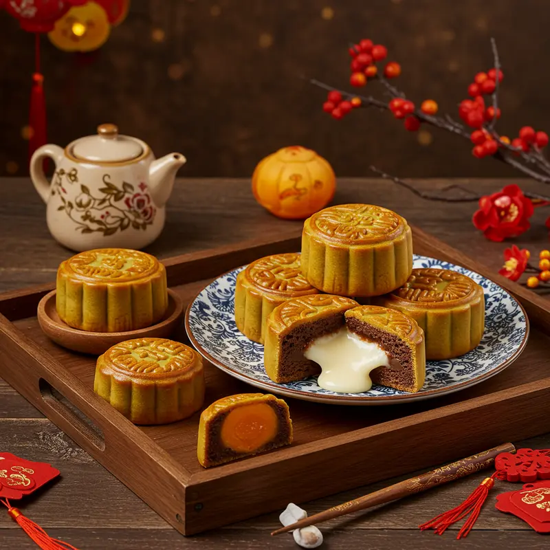 Hình ảnh bánh trung thu lava handmade được bày biện đẹp mắt, nhân chảy hấp dẫn.