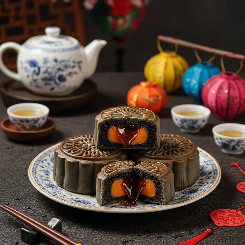 Bánh trung thu lava mè đen được bày trên đĩa, nhân lava đen bóng, cùng trà và đèn lồng mang không khí lễ hội.