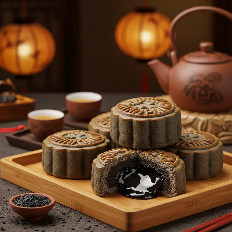 Bánh trung thu lava mè đen với lớp nhân tan chảy độc đáo.