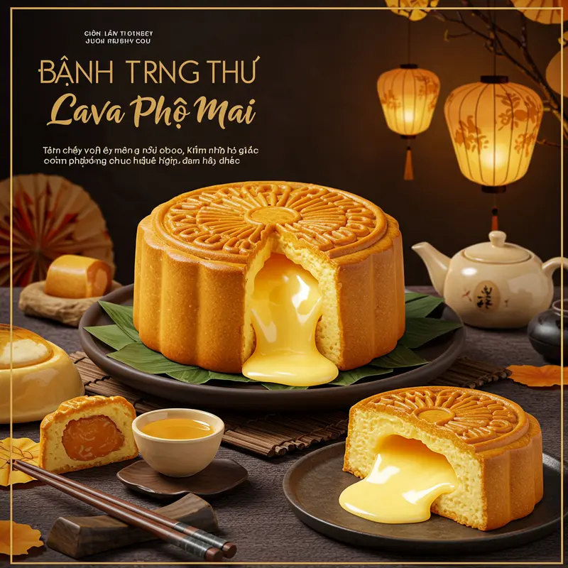 Bánh trung thu lava phô mai nhân tan chảy giữa bàn tiệc Trung Thu với lồng đèn và trà.