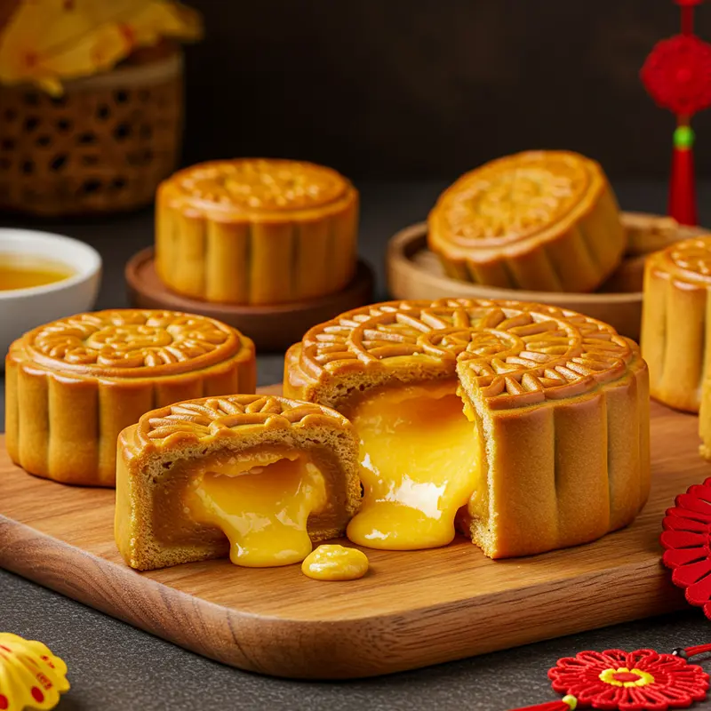 Bánh trung thu lava phô mai tan chảy cạnh bánh trung thu truyền thống.