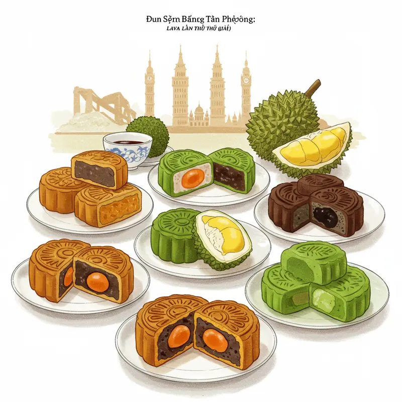 Gia đình quây quần bên những chiếc bánh trung thu truyền thống trong không gian rực rỡ ánh đèn lồng.