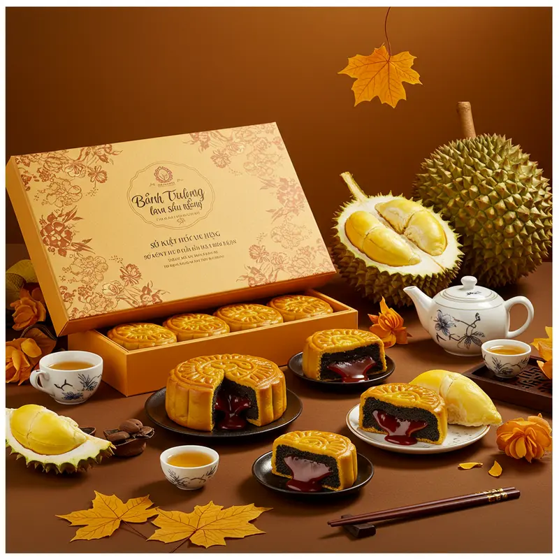 Hộp bánh trung thu lava sầu riêng với các bánh đã cắt cho thấy nhân kem tan chảy, bên cạnh trái sầu riêng và ấm trà.