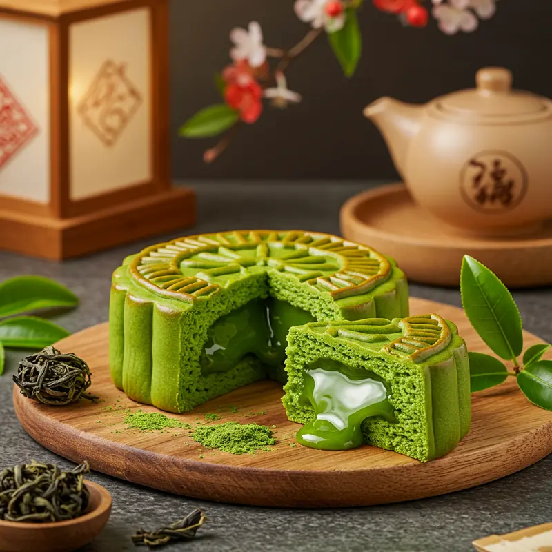 Bánh trung thu lava trà xanh cắt đôi, nhân tan chảy, trang trí lá trà và đèn lồng.