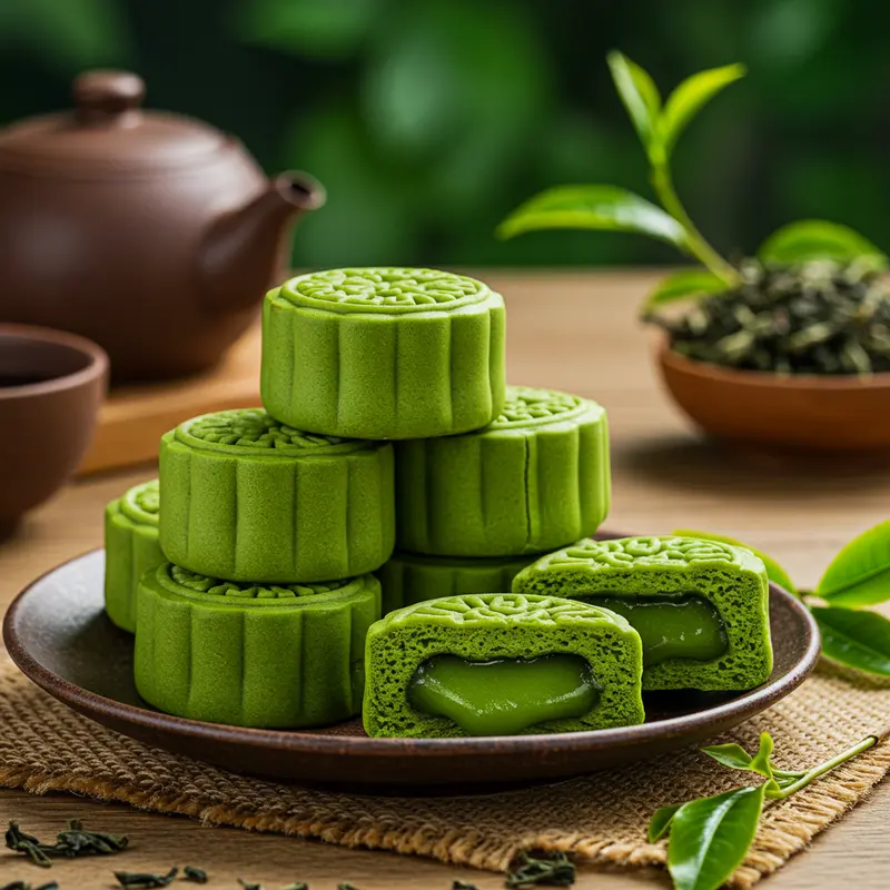 Nhiều chiếc bánh trung thu lava trà xanh trên đĩa, một chiếc được cắt đôi chảy nhân xanh mịn.