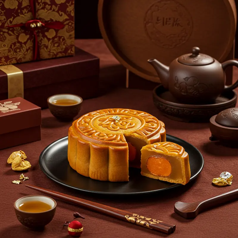 Một chiếc bánh Trung Thu cao cấp trên nền lụa, được trang trí vàng lá và kim cương nhỏ, bên cạnh hộp quà và phụ kiện trà truyền thống.