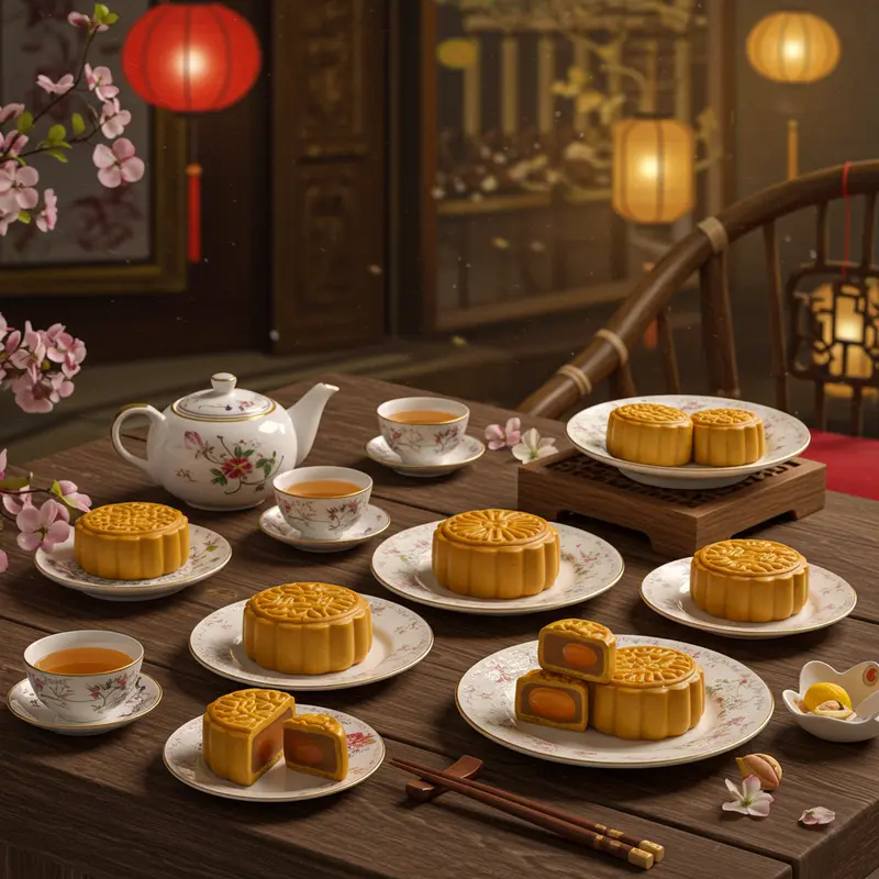 Những chiếc bánh trung thu mini bày biện trên bàn cùng trà và ánh đèn lồng, gợi lên không khí sum vầy dịp Trung Thu.