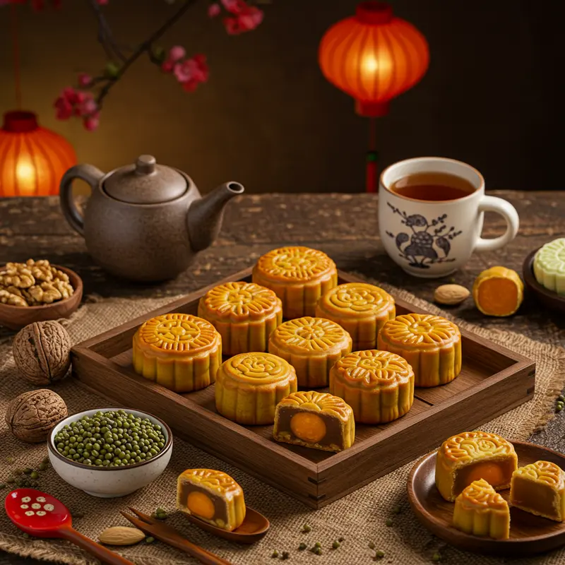 Hình ảnh bánh trung thu mini nướng vừa ra lò, hoa văn truyền thống, bên cạnh nguyên liệu và trà.