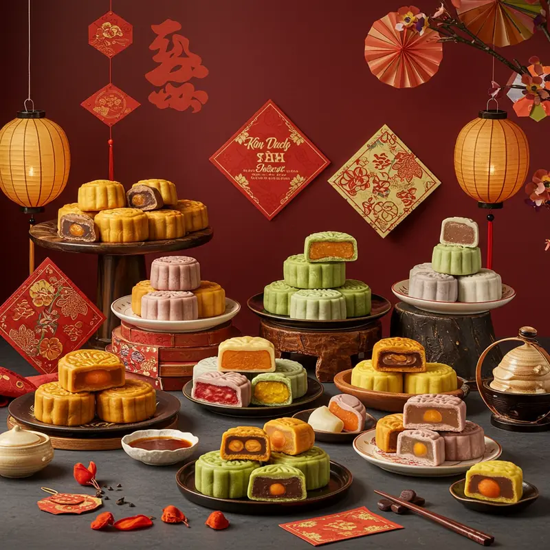 Mâm bánh Trung Thu Mochi với nhiều màu nhân rực rỡ bên đèn lồng và trang trí lễ hội.