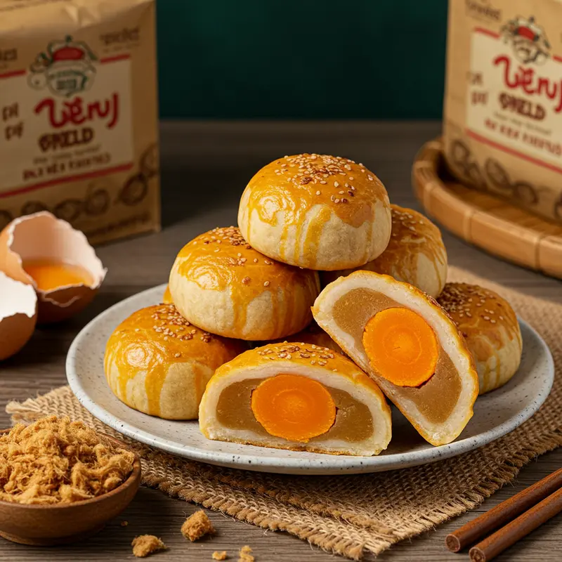 Bánh trung thu mochi Đài Loan trưng bày cùng nguyên liệu đặc trưng.