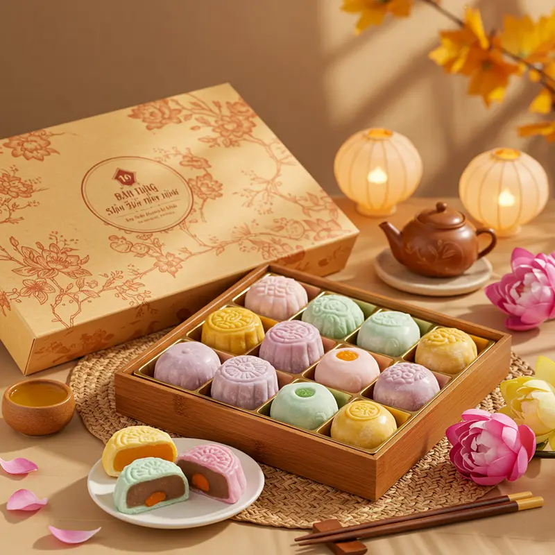 Hộp bánh trung thu mochi đa dạng màu sắc và hương vị hiện đại.