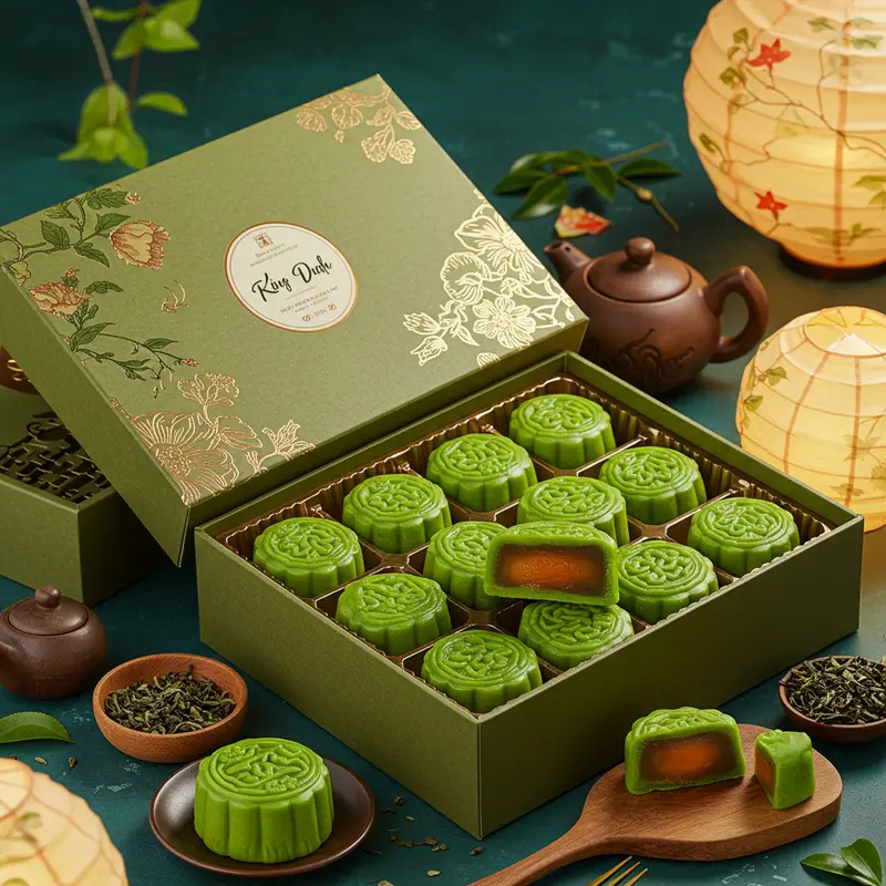 Bánh trung thu mochi trà xanh bày hộp quà, bên cạnh lá trà và đèn lồng, không khí ấm áp sang trọng.