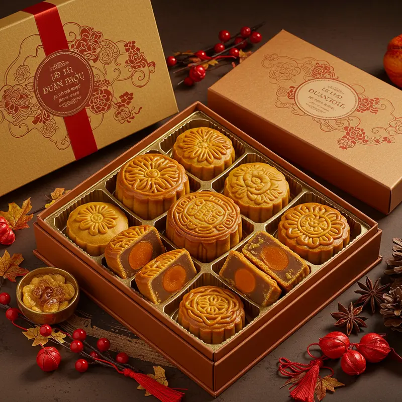 Hộp bánh trung thu đẳng cấp với những chiếc bánh hoa văn tinh xảo, trang trí lễ hội Trung thu.