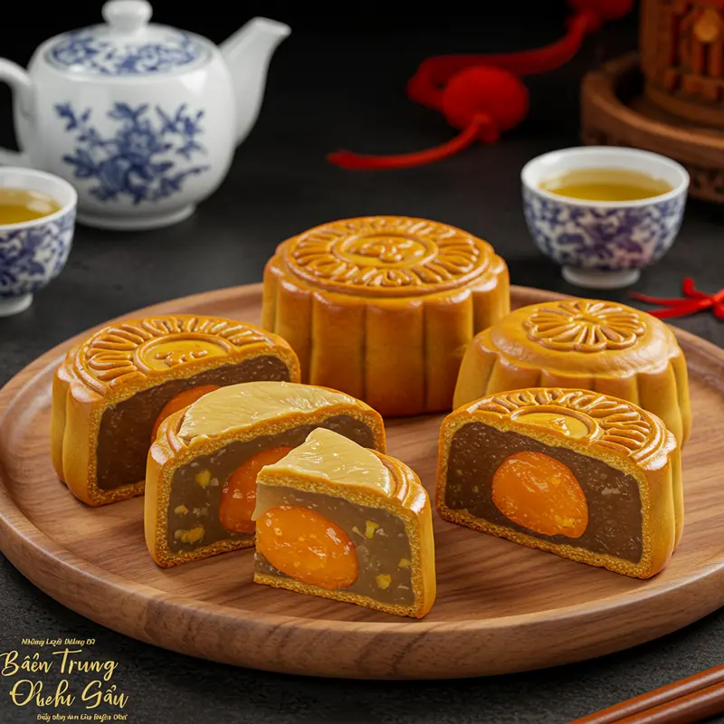 Bánh Trung thu nhân vi cá, bào ngư, yến sào sang trọng trên khay gỗ.