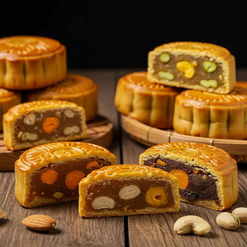 Bánh trung thu nhân chay, nhân hạt cắt đôi, hiển thị rõ các lớp nhân hạt đa dạng trên bàn gỗ.