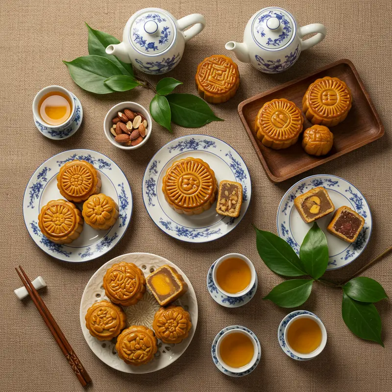 Hình chụp từ trên xuống bàn tiệc với bánh trung thu nhân chay, nhân hạt, tách trà, lá xanh, ánh sáng ấm áp.