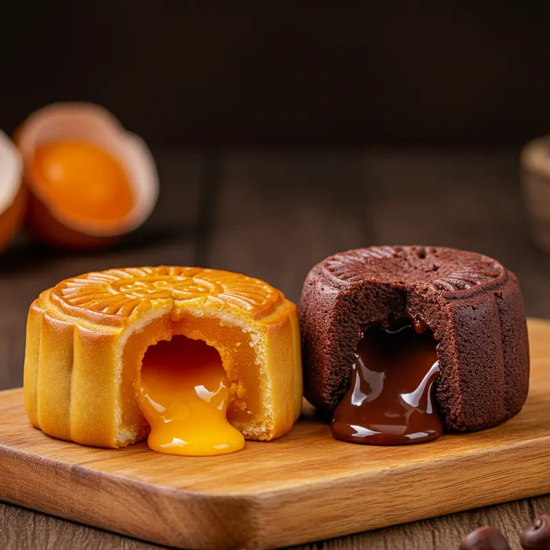 Bánh trung thu nhân lava với trứng muối chảy và socola chảy nổi bật về hương vị và kết cấu.