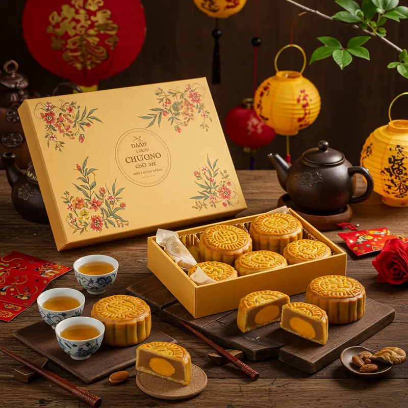 Bánh trung thu nhân phô mai trong hộp sang trọng cạnh đèn lồng và tách trà trên bàn gỗ.