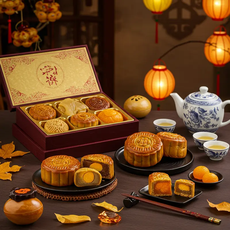 Bánh Trung thu nhân vi cá, bào ngư, yến sào được trình bày trong hộp cao cấp cùng trà và đèn lồng Trung thu.