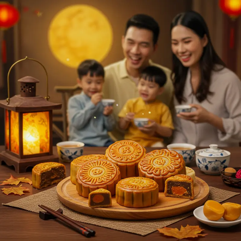 Bánh Trung Thu các loại đặt trên bàn, bên cạnh lồng đèn và ấm trà giữa khung cảnh gia đình ấm áp.