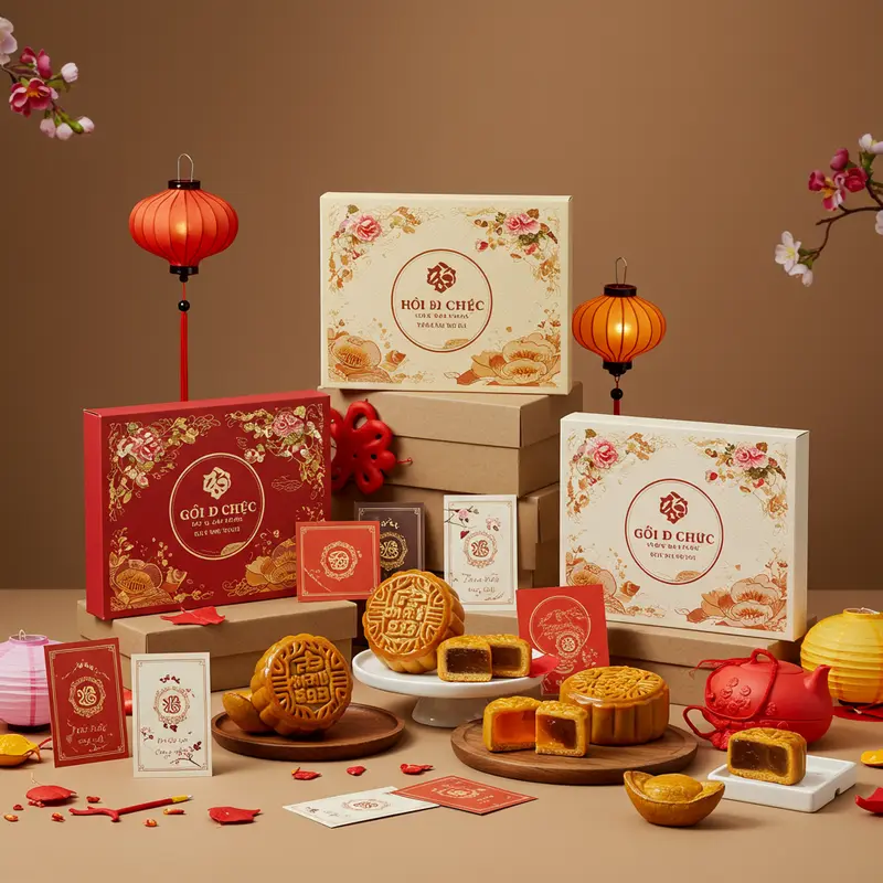Bố cục hộp bánh Trung Thu cao cấp cùng thiệp chúc mừng và đèn lồng.