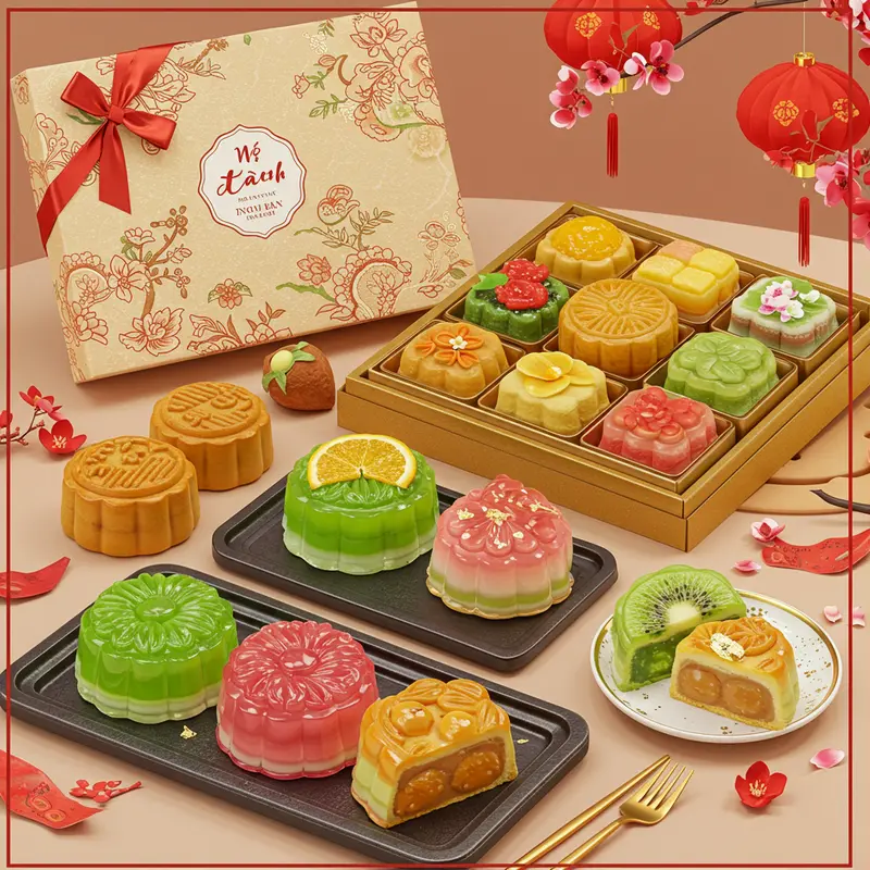 Bàn trà Trung Thu với bánh trung thu rau câu và đèn lồng truyền thống