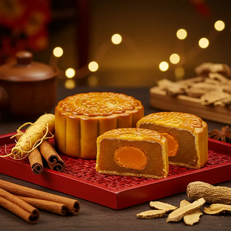 Hộp bánh trung thu gỗ cao cấp chạm trổ tinh xảo, bày biện bên cạnh những chiếc bánh trung thu sang trọng.