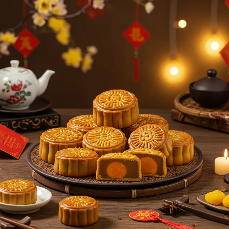 Hình ảnh bánh trung thu truyền thống đặt cạnh bánh hiện đại trên khay giữa không khí Trung Thu.