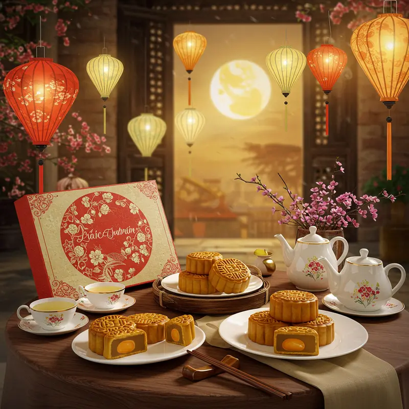 Bàn bánh trung thu sang trọng, có lồng đèn và không khí sum họp gia đình.