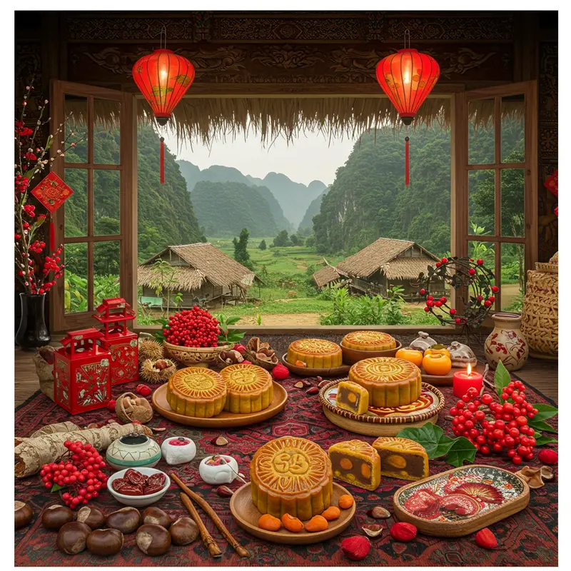 Bánh Trung Thu nhiều màu sắc, bày biện trên bàn trong nhà sàn, bên cạnh các loại hạt, quả rừng và lồng đèn truyền thống.