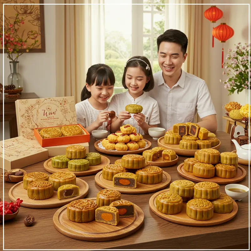 Gia đình quây quần bên mâm bánh Trung Thu lành mạnh, gồm cả bánh tự làm và mua sẵn, nổi bật không khí lễ đoàn viên.