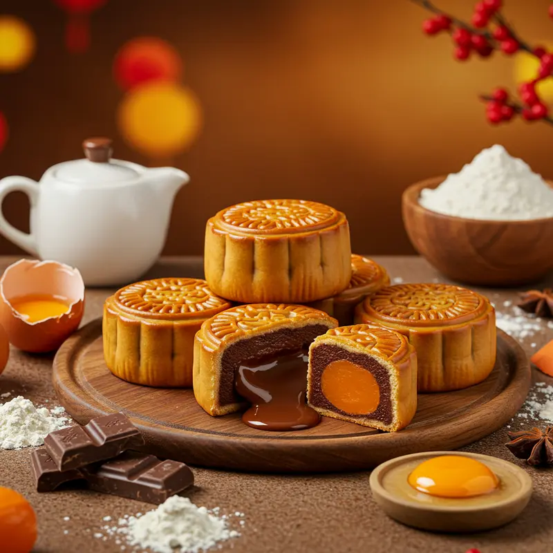 Bánh trung thu với lớp nhân socola trứng chảy bóng mượt trên dĩa, bên cạnh nguyên liệu và ánh sáng đèn lễ hội.