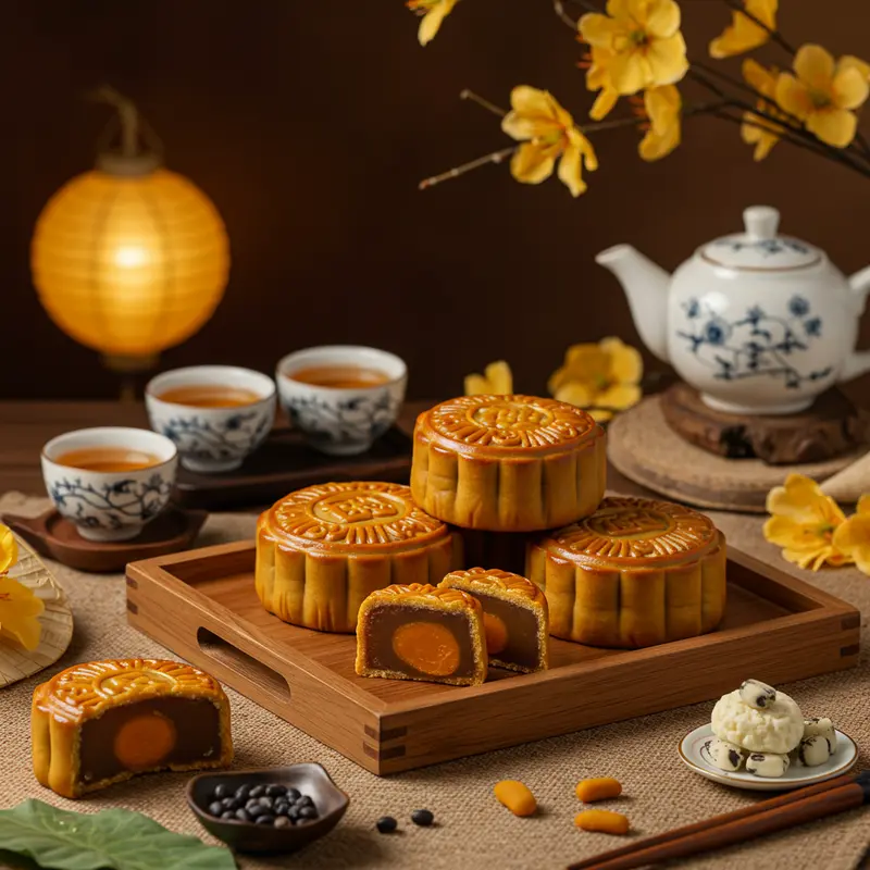 Bánh trung thu nhân ngọt truyền thống với hạt sen và đậu xanh.