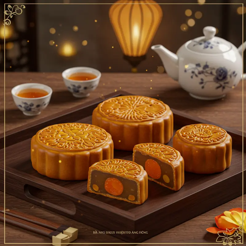 Bánh Trung Thu Hà Nội cổ truyền với khuôn hoa văn đẹp mắt trên khay gỗ.