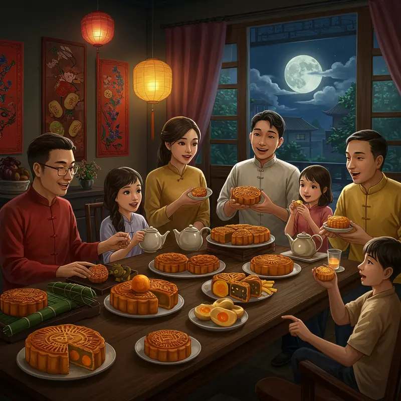 Gia đình quây quần bên những chiếc bánh trung thu truyền thống trong không gian rực rỡ ánh đèn lồng.