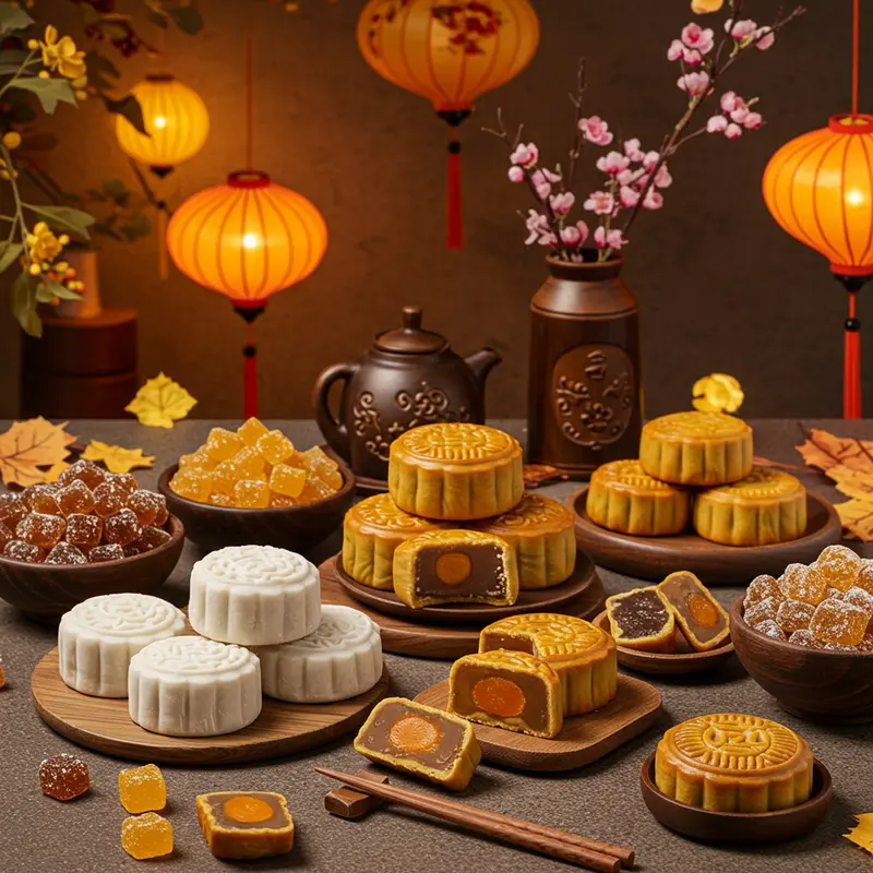 Bánh Trung Thu truyền thống, bánh dẻo và các loại đường ăn kiêng bày chung trên bàn cùng đèn lồng.