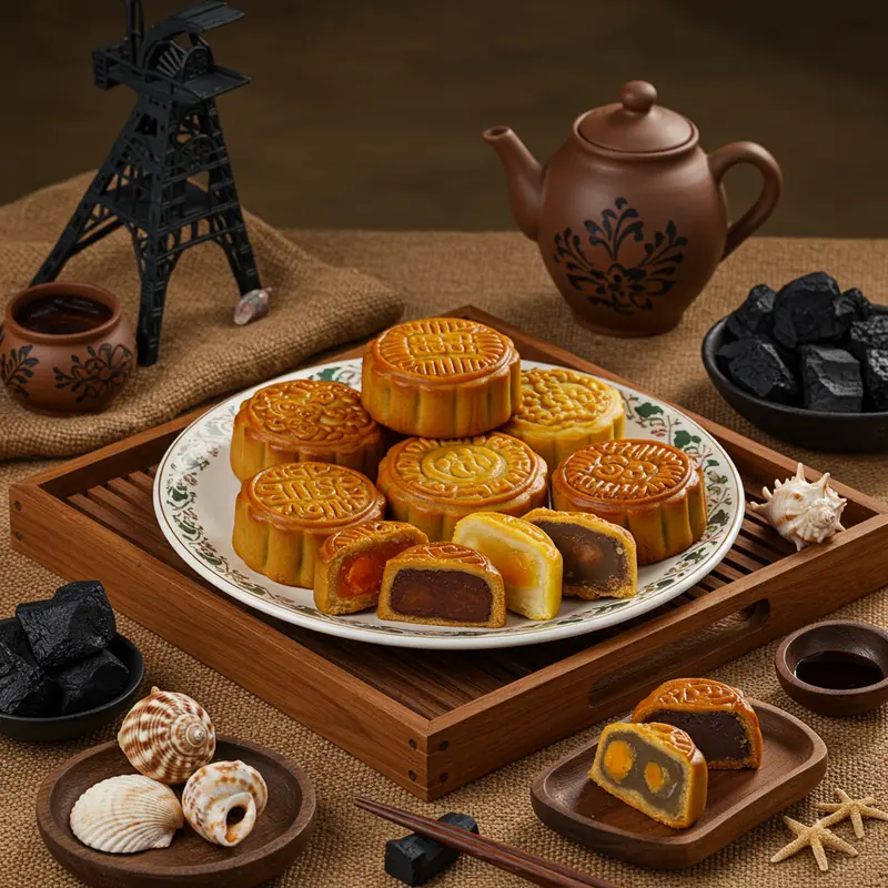 Đĩa bánh Trung Thu Quảng Ninh bày đẹp mắt, xung quanh là vỏ sò biển, than đá và gốm sứ vùng mỏ.