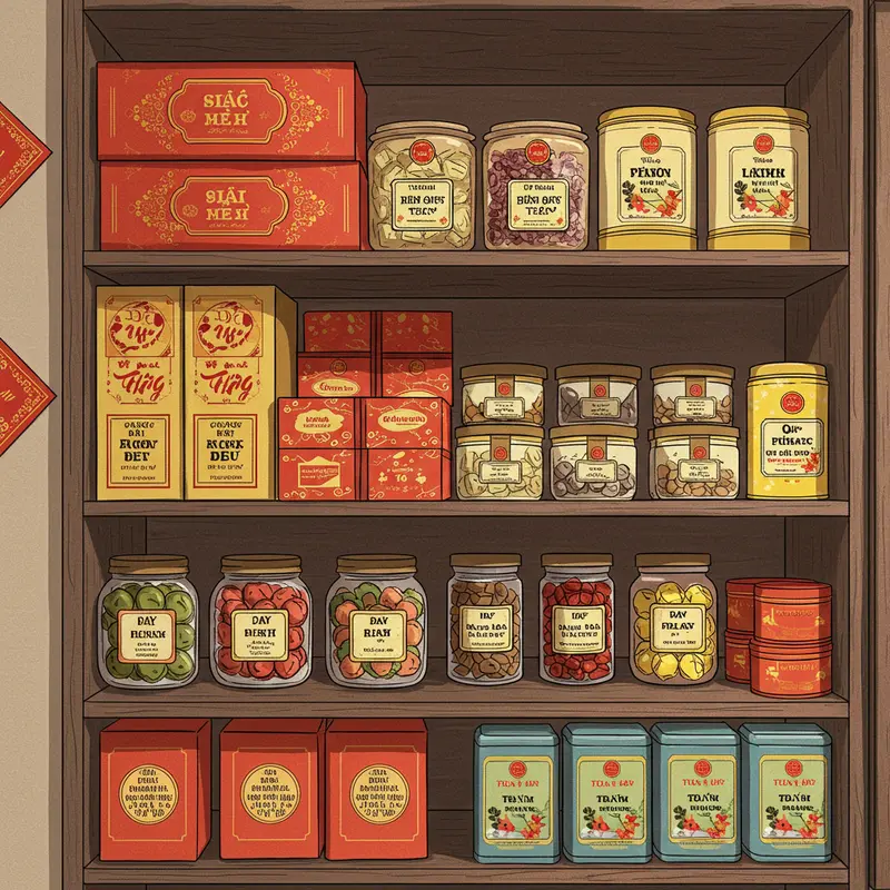 Hộp quà Tết truyền thống đậm nét văn hóa Việt Nam với trà, mứt, bánh kẹo đặt trên bàn gỗ, trang trí hoa xuân.