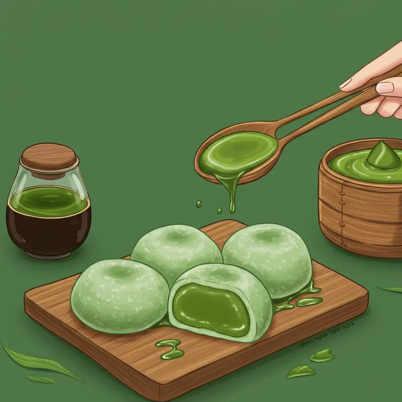 Bột matcha nguyên chất Nhật Bản mịn, tươi – yếu tố tạo nên nhân mochi thơm ngon.