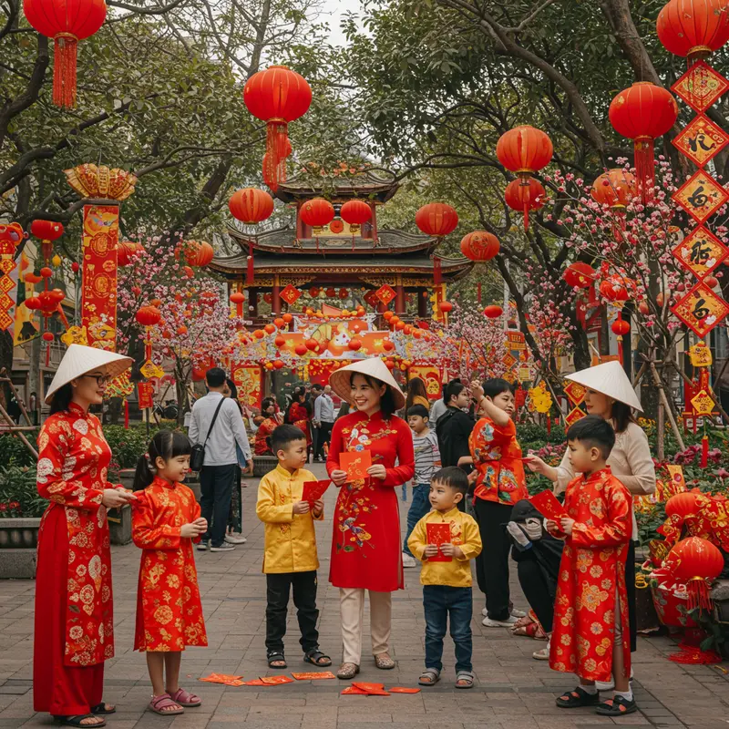 Gia đình Việt xưa trao lì xì trong ngôi nhà cổ truyền thống ngày Tết.