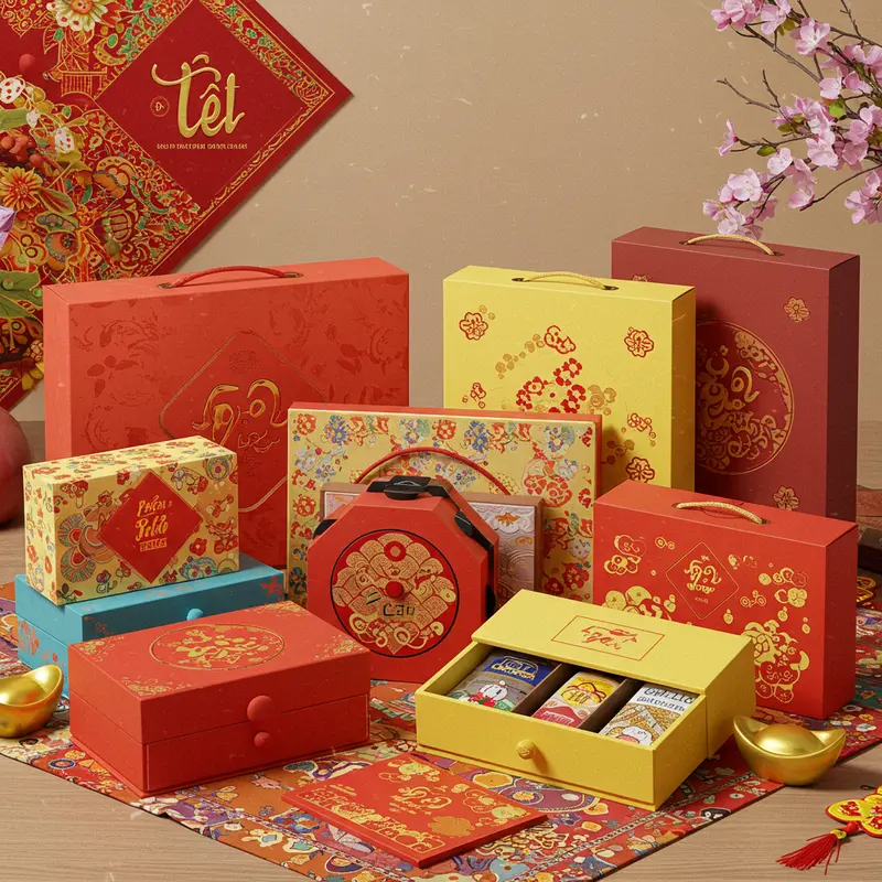Hộp quà Tết mang đậm dấu ấn văn hóa và lời chúc tốt đẹp đầu năm.