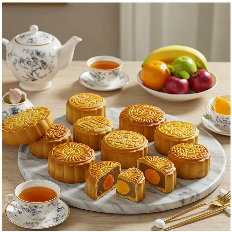 Khung cảnh sang trọng với nhiều loại bánh trung thu cao cấp, trà và trái cây, ánh sáng tự nhiên.