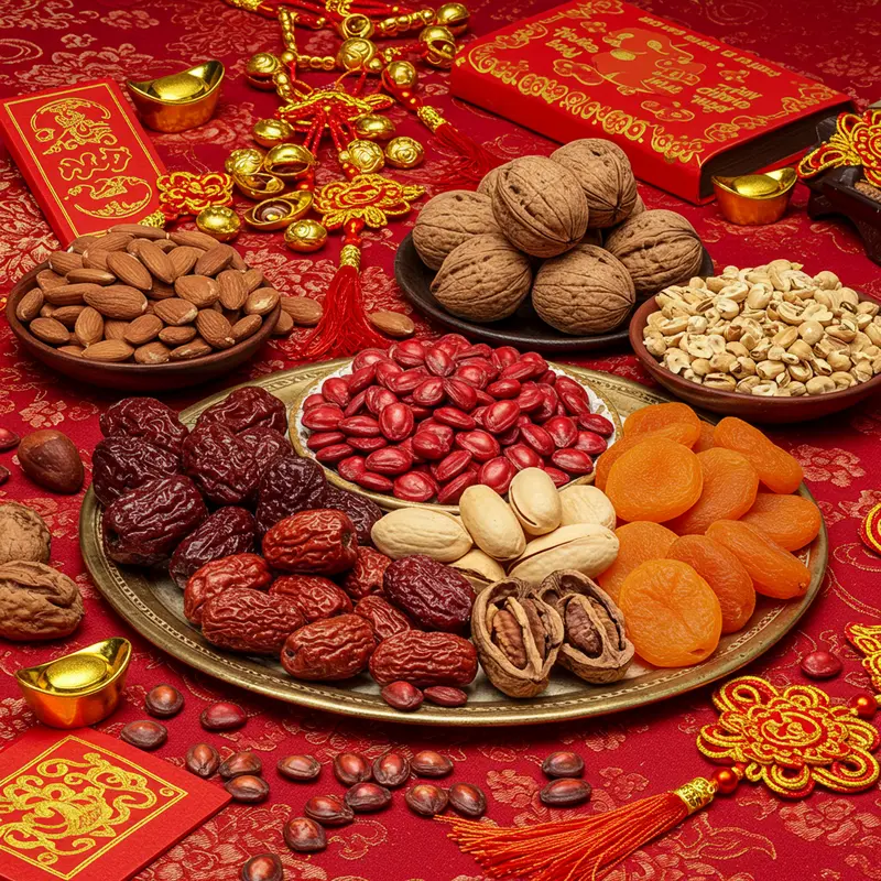 Hộp quà Tết đa dạng với các loại hạt và trái cây khô nổi bật giữa không gian trang trí ngày Tết.