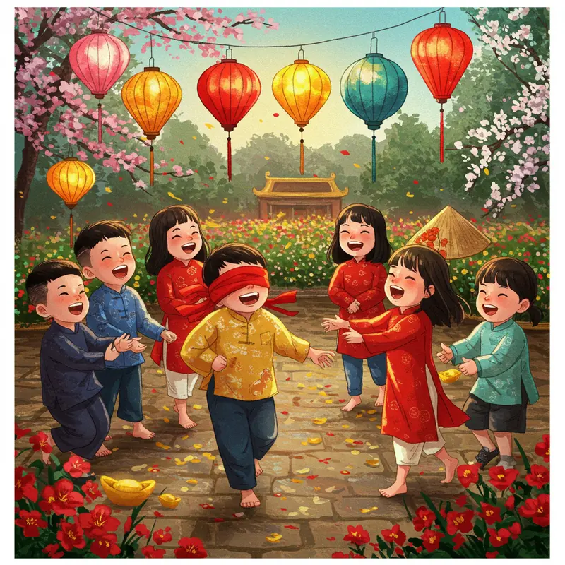 Gia đình nhiều thế hệ sum vầy chơi trò dân gian dịp Tết.