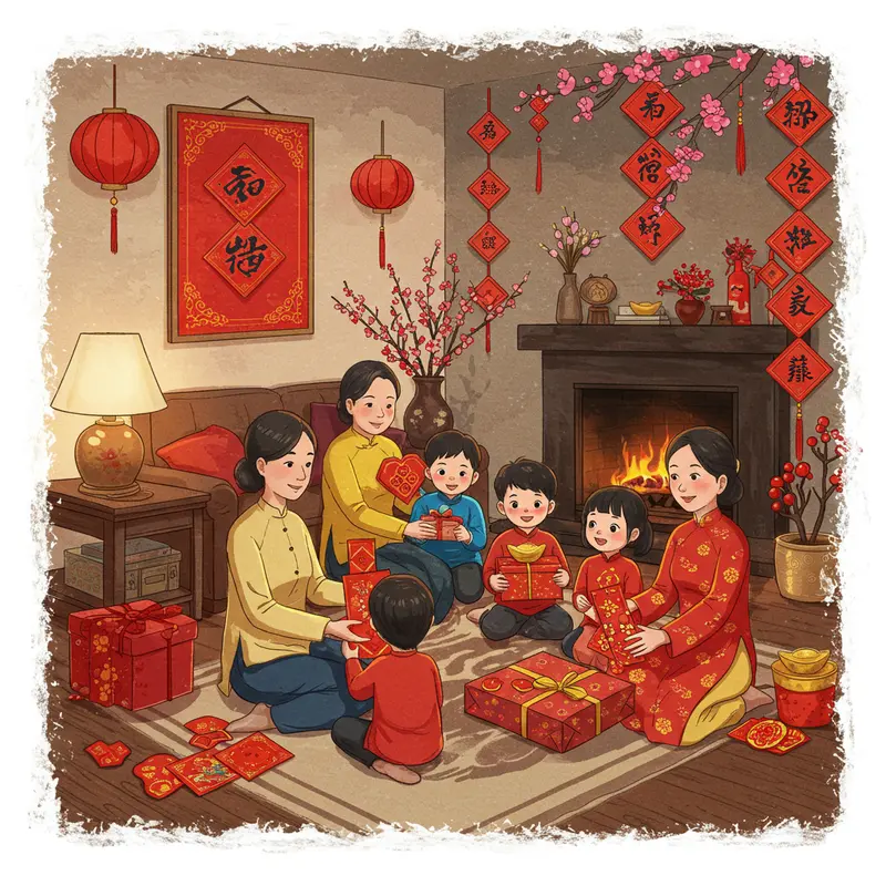 Ông bà nhận lời chúc Tết và sum vầy cùng con cháu trong không khí ấm áp.