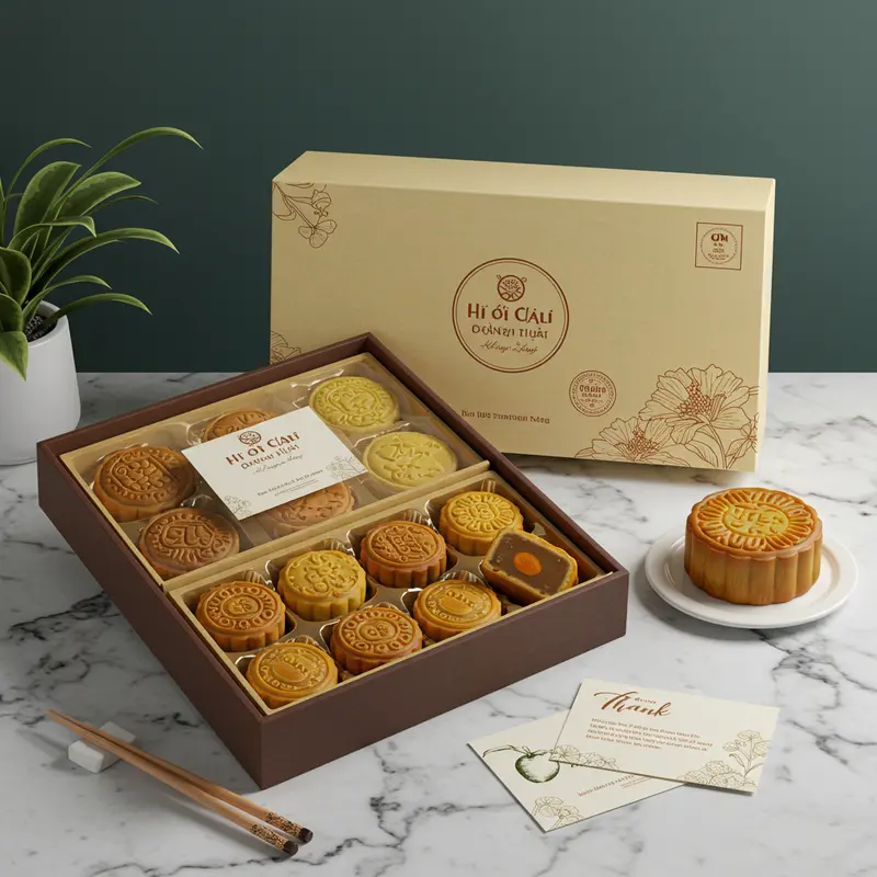 Bánh trung thu chay được trưng bày thanh lịch trong môi trường doanh nghiệp hiện đại.